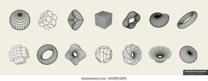 Wireframes in retro style. Elements consisting of a grid and dots. Collection of lowpoly 3D polygonal shapes.