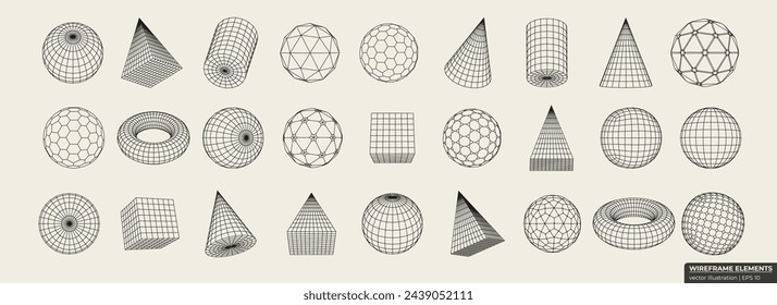 Wireframes in retro style. Elements consisting of a grid and dots. Collection of lowpoly 3D polygonal shapes.