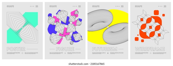 Wireframes strange geometrical shapes and colored geometric figures, abstract vector set posters, modern design inspired by brutalism, contemporary composition artwork, cover