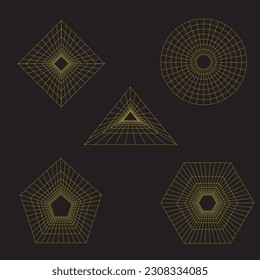 wireframes vector 3d geometric shapes, distortion and transformation of figure,  graphic design elements Set.3