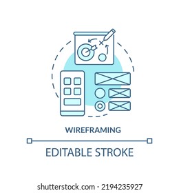 Wireframing turquoise concept icon. Site architecture. Mobile website development abstract idea thin line illustration. Isolated outline drawing. Editable stroke. Arial, Myriad Pro-Bold fonts used