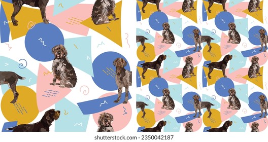 Wirehaired Pointing Griffon dog summer pastel wallpaper. Holiday abstract circles, squares, spirals, confetti. Seamless geometric background, repeatable pattern. Birthday wallpaper, Christmas present.