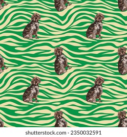 Wirehaired Pointing Griffon dogs pattern fabric. Elegant, soft seamless background, abstract background with dog icons for Dog Lovers. Green and yellow zebra. Birthday present tropical wrapping paper.