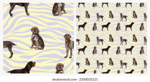 Wirehaired Pointing Griffon dogs pattern fabric. Elegant, soft seamless background, abstract background with sitting and side view dogs. Birthday present pastel wrapping paper. Hand drawn cartoon dog.