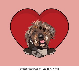 Wirehaired Pointing Griffon with paws, Valentine's Day postcard. Big heart with pet head looking out from a heart, holiday present. Cartoon square red background with dog art. St Valentine's day card.