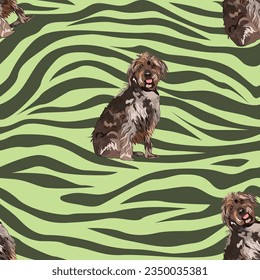 Wirehaired Pointing Griffon sitting dogs pattern. Elegant, soft seamless background, abstract background with dog detailed icons for Dog Lovers. Green zebra. Birthday present wrapping paper with line.