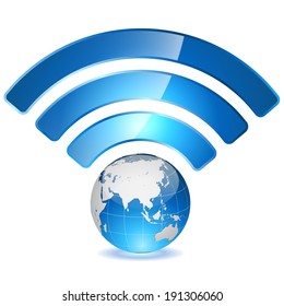 Wireless access point to global network concept. Globe with signal arcs isolated on white background.