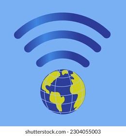 Wireless access point to global network concept. Globe with signal arcs isolated on blue background.