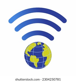 Wireless access point to global network concept. Globe with signal arcs isolated on white background.