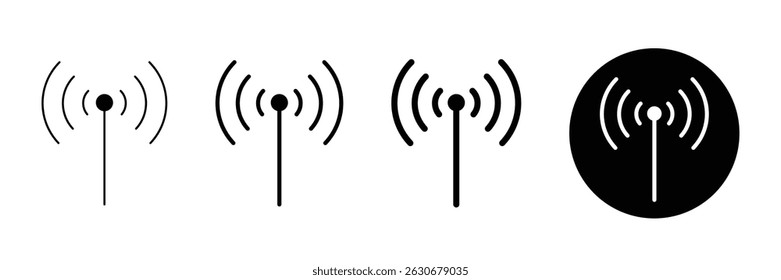 Wireless antenna icon with radiating signal waves in multiple transmission styles isolated communication symbol vector illustration for mobile network design.
