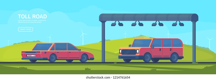 Wireless automated toll collection gate on highway. Checkpoint on the toll road. Web banner. Vector illustration.