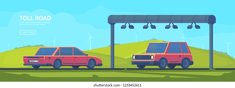 Wireless automated toll collection gate on highway. Checkpoint on the toll road. Web banner. Vector illustration.