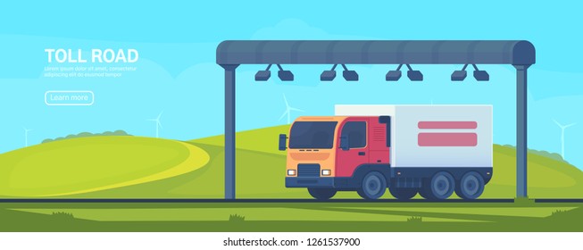 Wireless automated toll collection gate on highway. Checkpoint on the toll road. Web banner. Vector illustration.