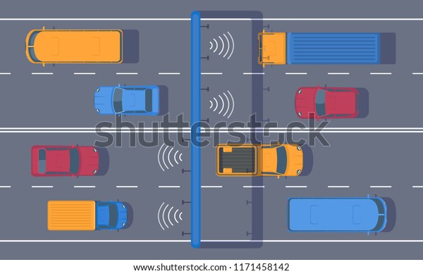 Wireless automated toll collection on\
highway. Checkpoint on the toll road. Different car on road.\
Highway traffic. Top view vector\
illustration.