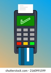 Wireless banking terminal on a gradient background with a debit or credit card inserted and your ticket coming out