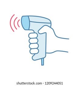 Wireless barcode scanning color icon. Wifi barcode and QR code bar codes handheld scanner. Cashier’s hand. Hand holding bar codes reading device. Isolated vector illustration