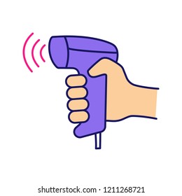 Wireless barcode scanning color icon. Wifi barcode and QR code bar codes handheld scanner. Cashier’s hand. Hand holding bar codes reading device. Isolated vector illustration