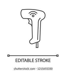 Wireless barcode scanning linear icon. Wifi bar codes handheld scanner. Thin line illustration. Barcodes reading device. Contour symbol. Vector isolated outline drawing. Editable stroke