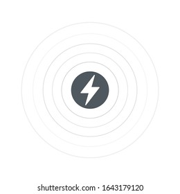 Wireless-Ladesymbol mit Blitzfunktion, Stromverwaltung über ein Wi-Fi-Netzwerk. Funkwellen im Rund und um den Strom. Stockillustration für Vektorillustrationen einzeln auf weißem Hintergrund.