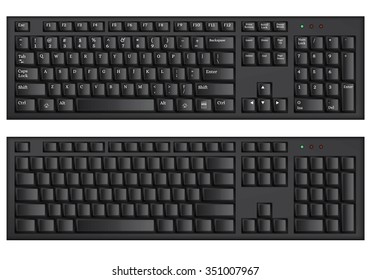 Wireless black computer keyboard. Latin white letters. Keyboard without symbols. Computer accessory. Isolated on white. Technical progress. Vector illustration.