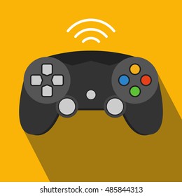 Wireless black gamepad with long shadow. Flat vector illustration.