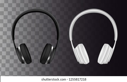 Wireless black and white headphones. Vector realistic illustration of music accessories isolated on transparent background.