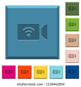 Wireless camera engraved icons on edged square buttons in various trendy colors