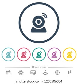 Wireless camera flat color icons in round outlines. 6 bonus icons included.