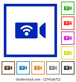 Wireless camera flat color icons in square frames on white background