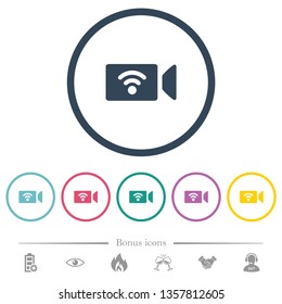 Wireless camera flat color icons in round outlines. 6 bonus icons included.