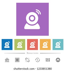 Wireless camera flat white icons in square backgrounds. 6 bonus icons included.