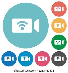 Wireless camera flat white icons on round color backgrounds