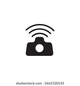 Icono de cámara inalámbrica con ondas de señal en diseño minimalista plano