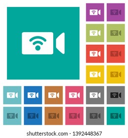 Wireless camera multi colored flat icons on plain square backgrounds. Included white and darker icon variations for hover or active effects.