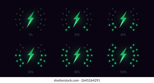 Wireless charge battery meter animation set. Green lightning bolts and glowing dots progress from 0 to 100 on dark background for mobile app, charging stations and electronic device interface design