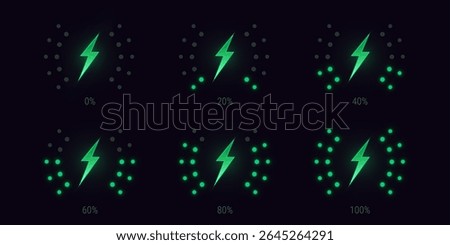 Wireless charge battery meter animation set. Green lightning bolts and glowing dots progress from 0 to 100 on dark background for mobile app, charging stations and electronic device interface design