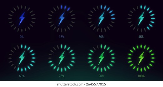 Wireless charge battery meter icons showing power levels from empty to full - glowing lightning bolt symbols with circular indicators. Energy status visualization for mobile devices, percentage stages