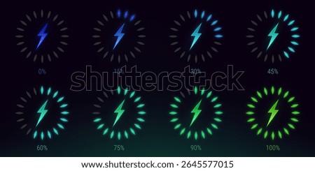 Wireless charge battery meter icons showing power levels from empty to full - glowing lightning bolt symbols with circular indicators. Energy status visualization for mobile devices, percentage stages