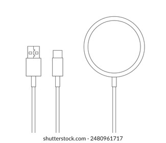 Wireless charger, charging cable with USB-A and Type-C connectors, outline illustration on a white background.  