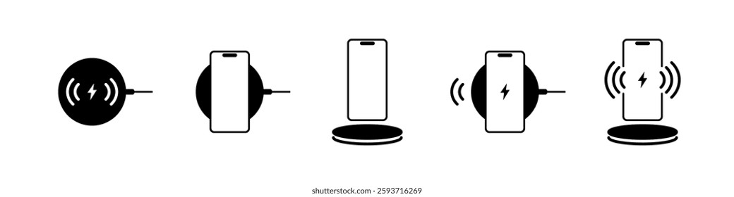 Wireless charger icon set. Wireless device charger sign. Fast wireless charging technology. Vector Illustration.