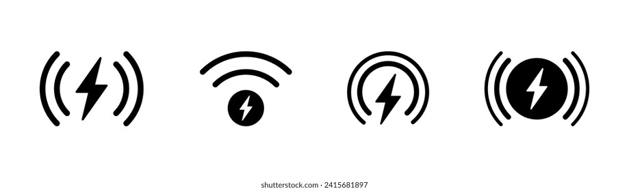 Iconos del cargador inalámbrico. Batería de carga inalámbrica. Señal de carga de la batería con rayos y ondas. Iconos del cargador electromagnético. Ilustración vectorial.