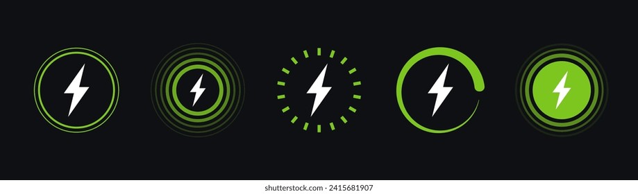 Wireless charger icons. Wireless charging battery. Battery charge sign with lightning and waves. Electromagnetic charger icons. Vector illustration.