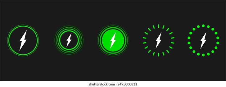 Wireless charger icons. Wireless charging battery. Battery charge sign with lightning and waves. Electromagnetic charger icons. Vector illustration.