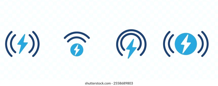 Wireless charger icons. Wireless charging battery. Battery charge sign with lightning and waves. Electromagnetic charger icons.