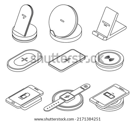 Wireless charger icons set. Isometric set of wireless charger vector icons outline isolated on white background
