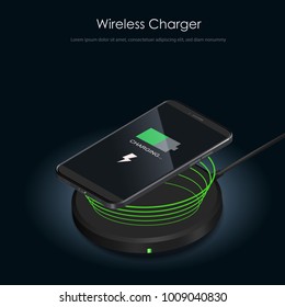 Wireless Charger infographic. Realistic modern black smartphone isolated, borderless and no home button. Charging battery on charging pad. Wireless charging technology concept on black background.