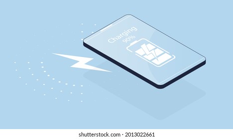 Wireless Charger. Isometric 3d Vector Recharge Symbol For Infographic Illustration. Charging Energy Lightning Icon On Blue Background.