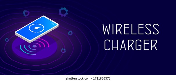 Wireless charger isometric vector illustration concept. Smartphone with icon battery and charging progress is charged while on the stand with qi charge station. Header and footer banner template.