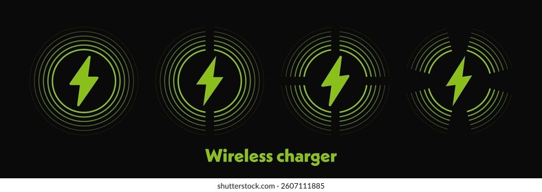 Wireless charger logo set with different waves. Fast wireless charging technology. Wireless charger sign with lightning and waves. Inductive dock station for charging different devices.