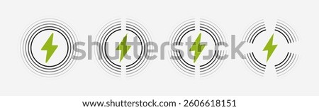 Wireless charger logo set with different waves. Fast wireless charging technology. Wireless charger sign with lightning and waves. Inductive dock station for charging different devices.